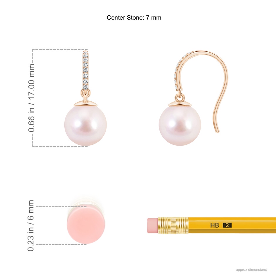 7mm AAAA Classic Japanese Akoya Pearl and Diamond Drop Earrings in Rose Gold ruler