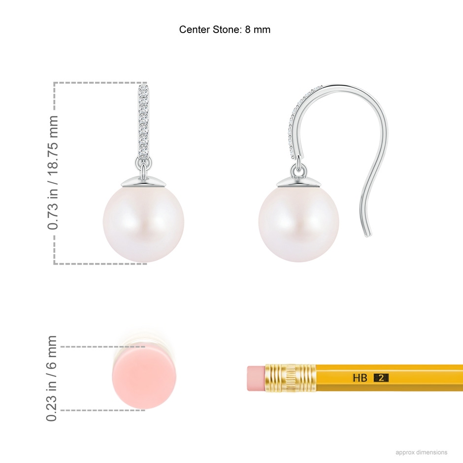 8mm AA Classic Japanese Akoya Pearl and Diamond Drop Earrings in White Gold ruler