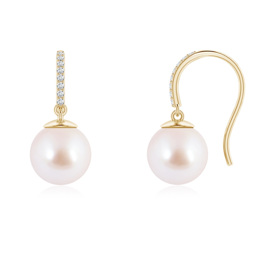 8mm AAA Classic Japanese Akoya Pearl and Diamond Drop Earrings in Yellow Gold 