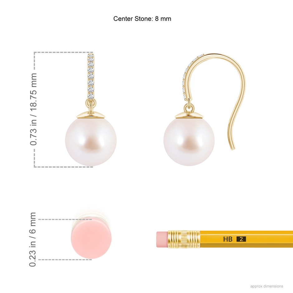 8mm AAA Classic Japanese Akoya Pearl and Diamond Drop Earrings in Yellow Gold ruler