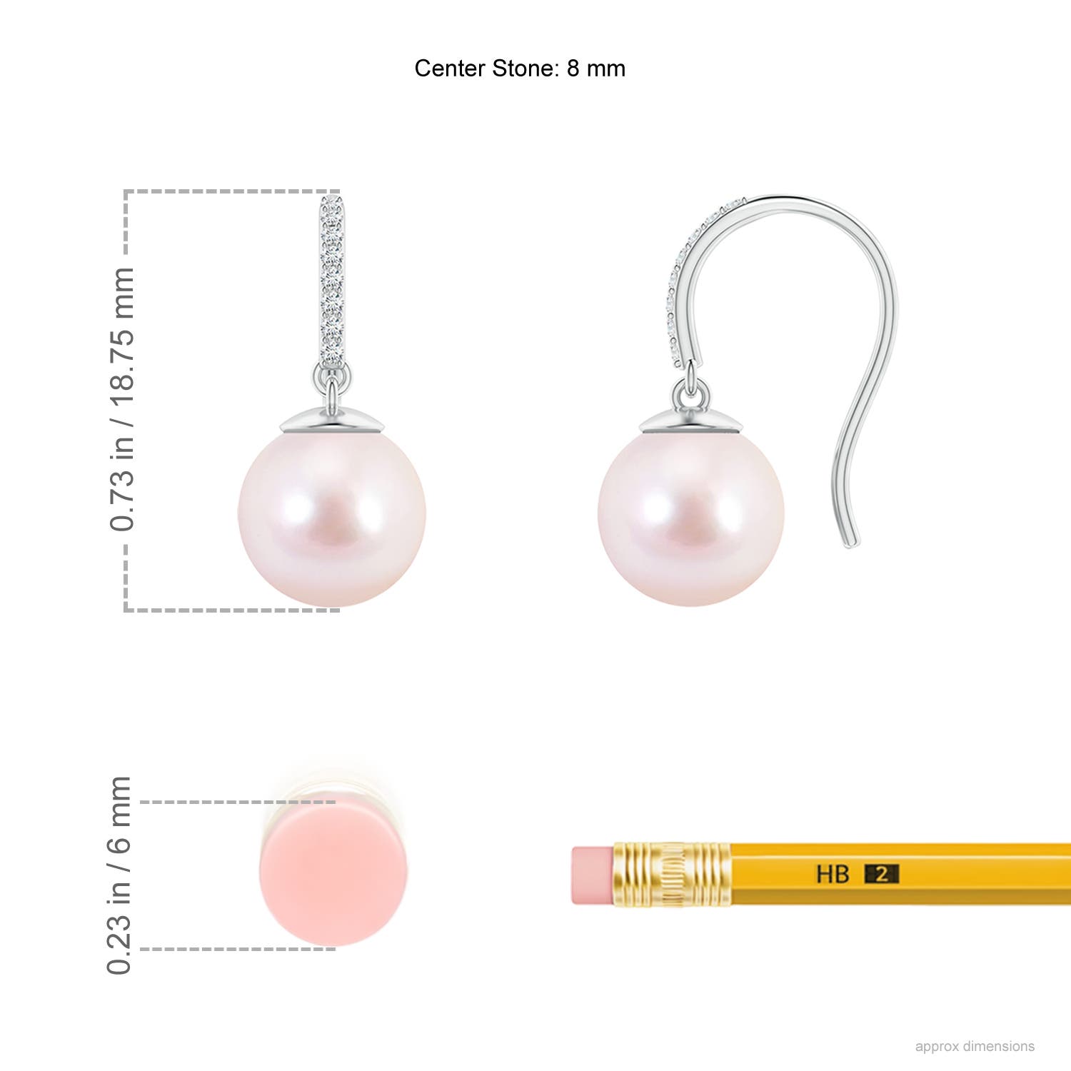 8mm AAAA Classic Japanese Akoya Pearl and Diamond Drop Earrings in White Gold - ruler