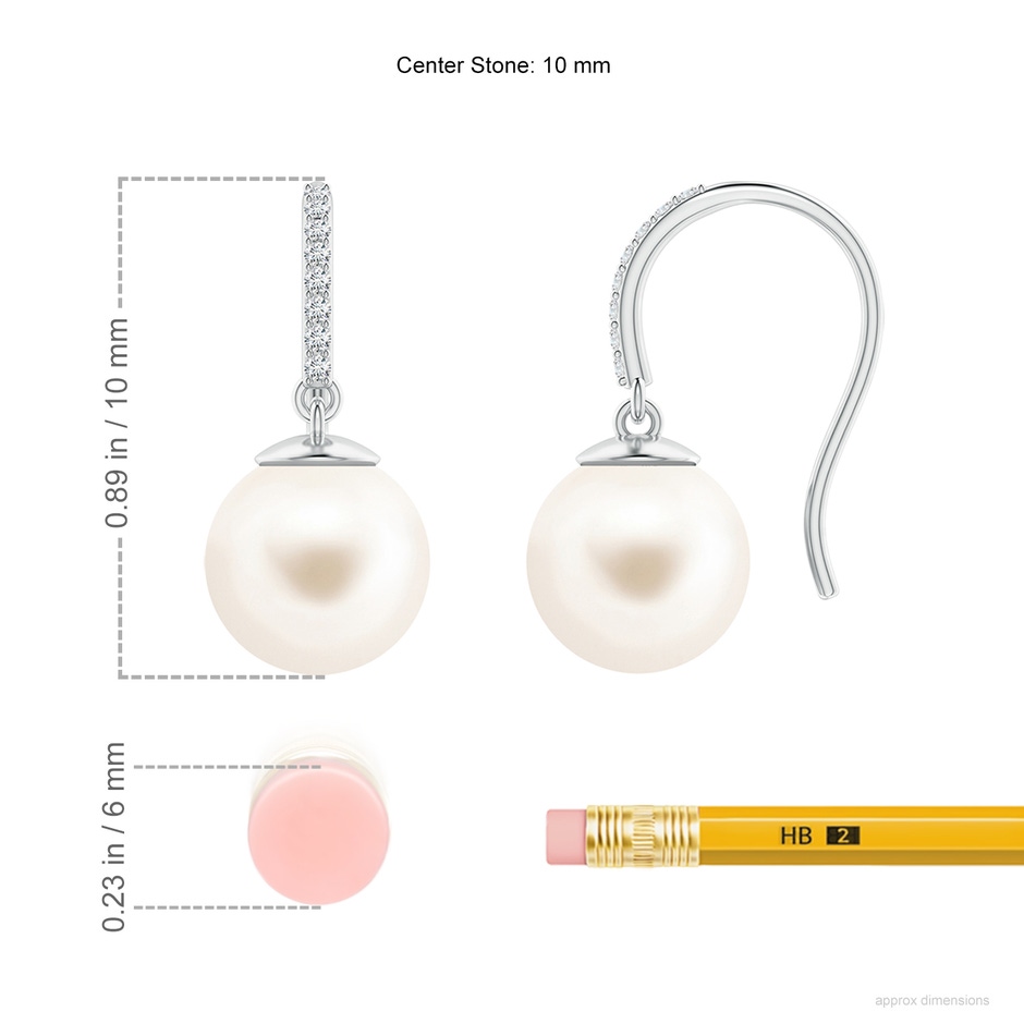 10mm AAA Classic Freshwater Pearl and Diamond Drop Earrings in S999 Silver ruler