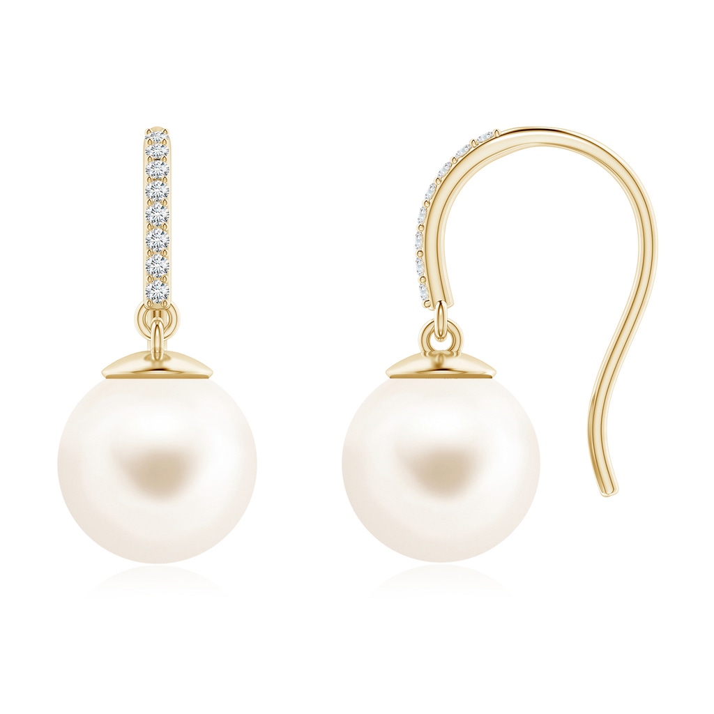 10mm AAA Classic Freshwater Pearl and Diamond Drop Earrings in Yellow Gold