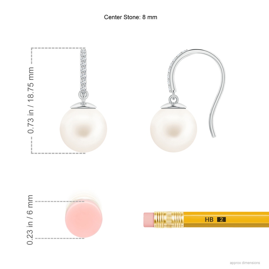 8mm AA Classic Freshwater Pearl and Diamond Drop Earrings in 9K White Gold ruler