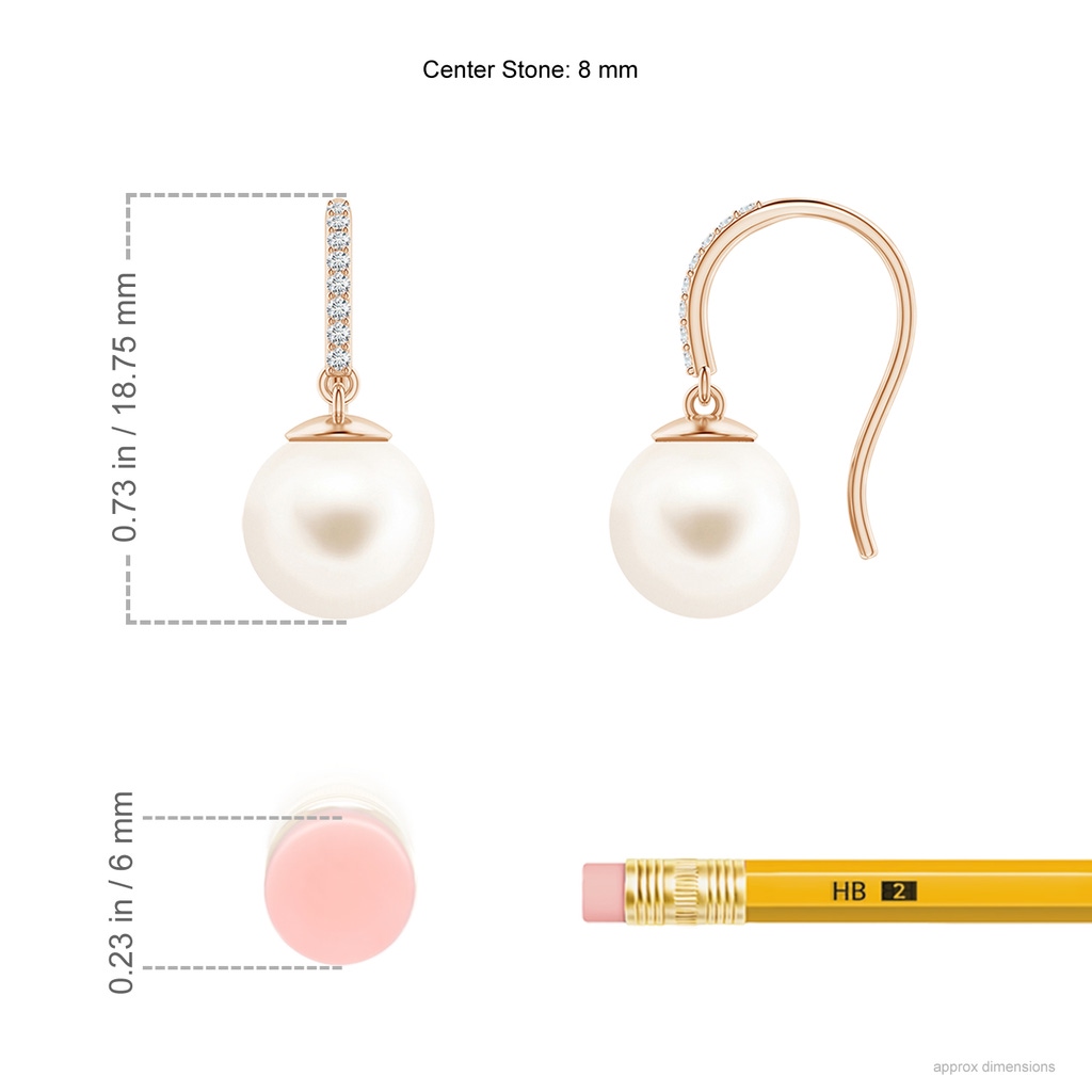 8mm AAA Classic Freshwater Pearl and Diamond Drop Earrings in Rose Gold ruler