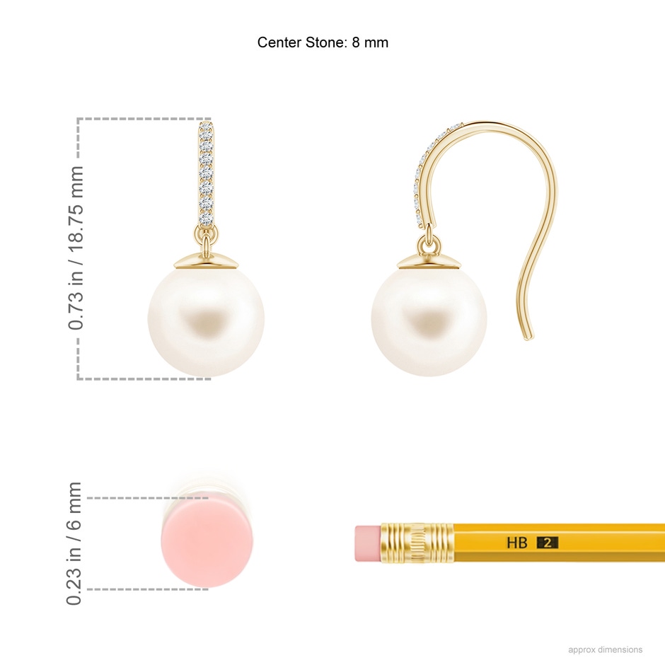 8mm AAA Classic Freshwater Pearl and Diamond Drop Earrings in Yellow Gold ruler