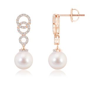 8mm AAAA Akoya Cultured Pearl Earrings with Interlinked Circles in Rose Gold