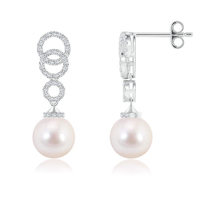 8mm AAAA Akoya Cultured Pearl Earrings with Interlinked Circles in S999 Silver