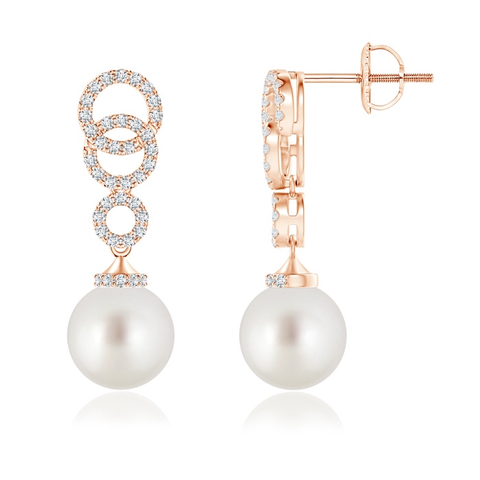 9mm AAA South Sea Cultured Pearl Earrings with Interlinked Circles in Rose Gold