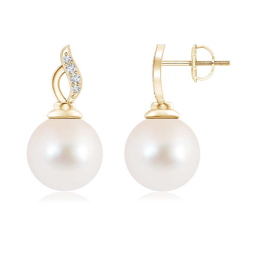 10mm AAA Freshwater Cultured Pearl Solitaire Flame Earrings in Yellow Gold