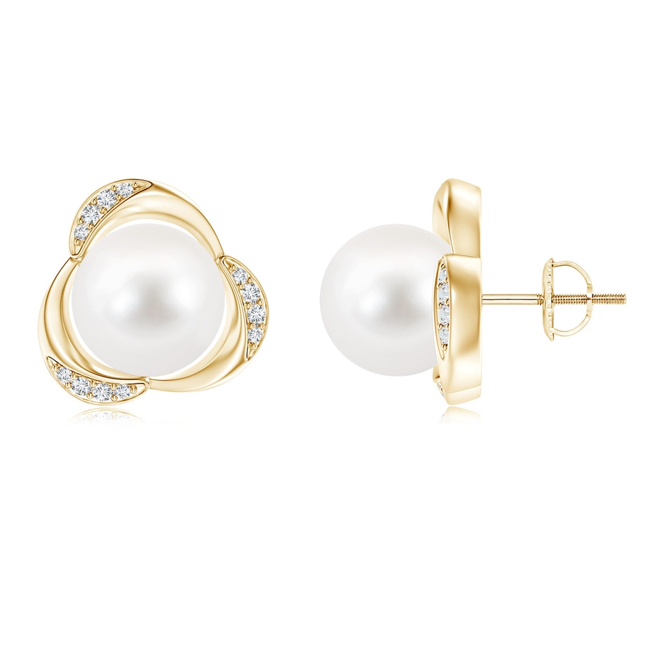 10mm AA Freshwater Pearl Floral Stud Earrings in Yellow Gold 