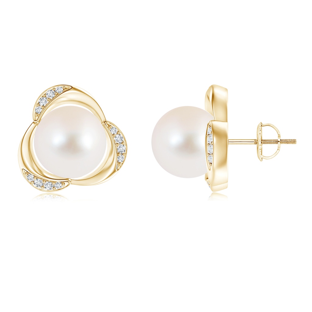 10mm AAA Freshwater Pearl Floral Stud Earrings in Yellow Gold 