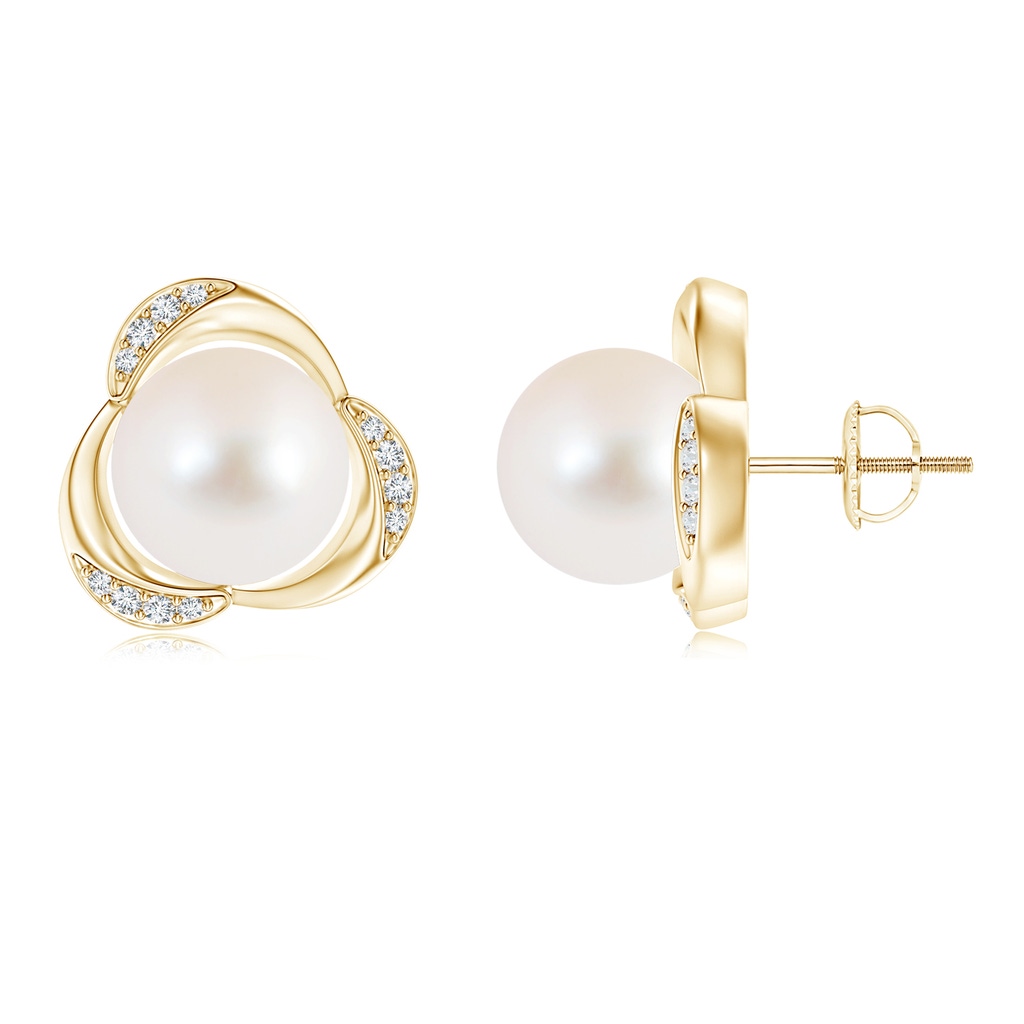 10mm AAA Freshwater Pearl Floral Stud Earrings in Yellow Gold