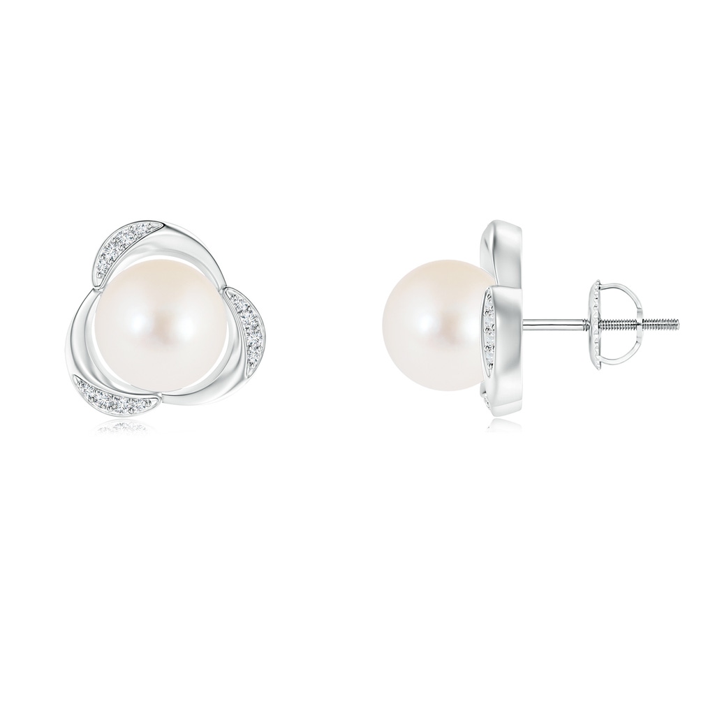 8mm AAA Freshwater Pearl Floral Stud Earrings in White Gold