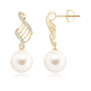 10mm AAA Freshwater Pearl Swirl Dangle Earrings in Yellow Gold