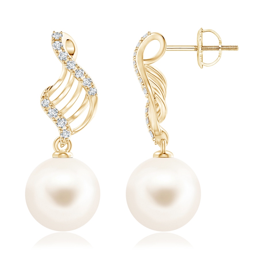 11mm AAA Freshwater Pearl Swirl Dangle Earrings in Yellow Gold 
