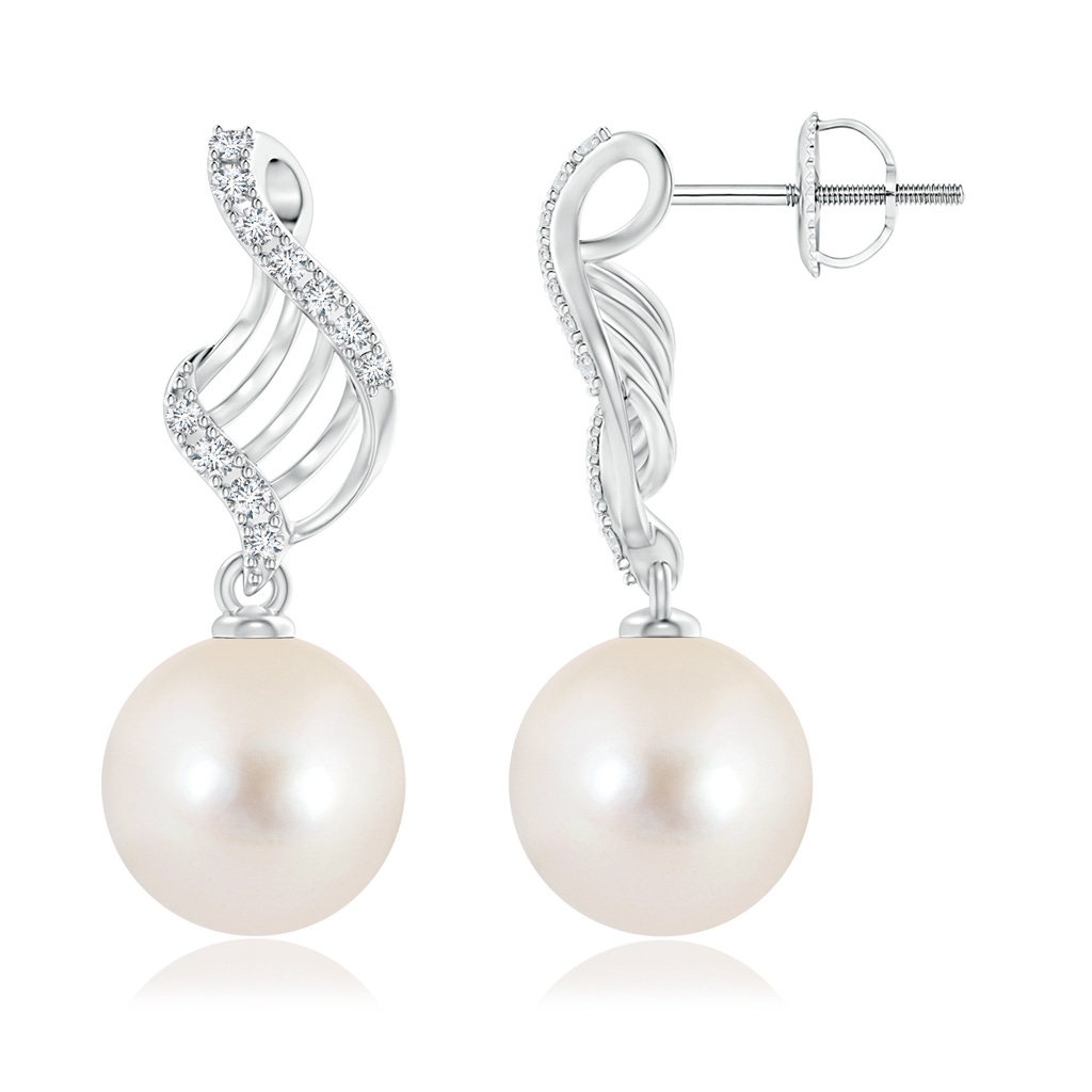 11mm AAAA Freshwater Pearl Swirl Dangle Earrings in White Gold