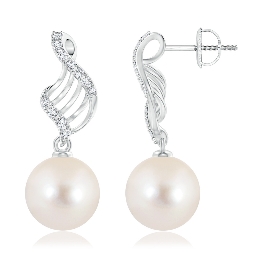 11mm AAAA Freshwater Pearl Swirl Dangle Earrings in White Gold 