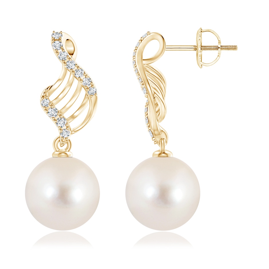 11mm AAAA Freshwater Pearl Swirl Dangle Earrings in Yellow Gold 