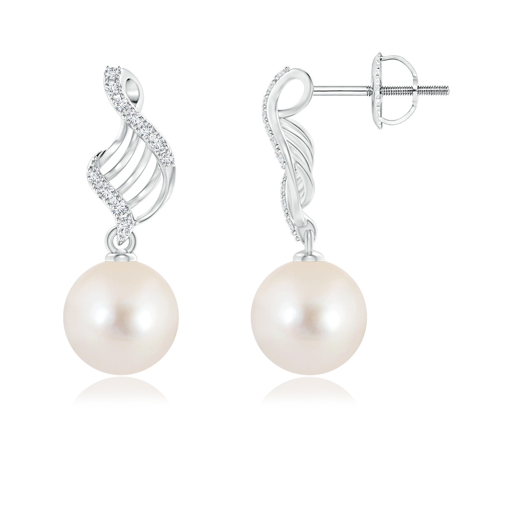 9mm AAAA Freshwater Pearl Swirl Dangle Earrings in White Gold