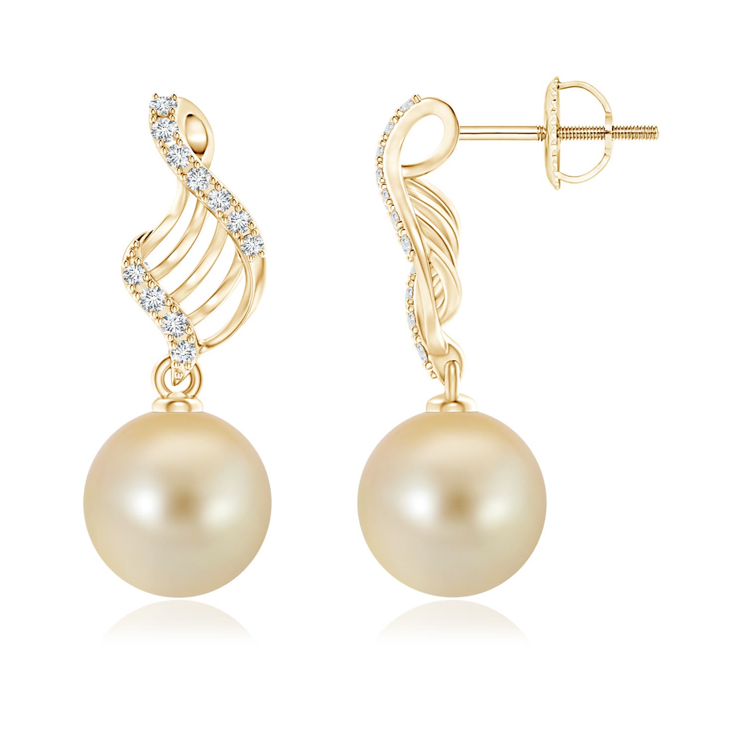 10mm AAA Golden South Sea Pearl Swirl Dangle Earrings in Yellow Gold