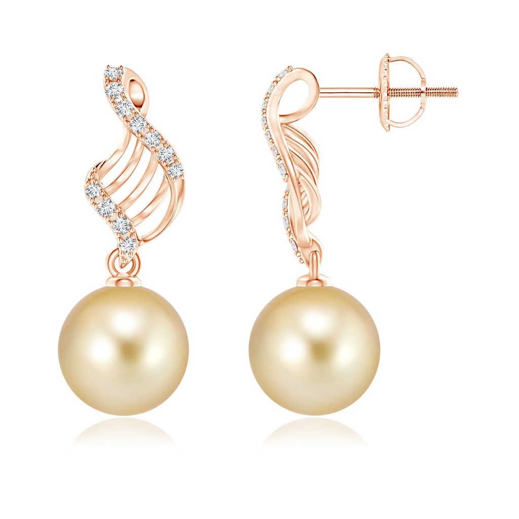 10mm AAAA Golden South Sea Pearl Swirl Dangle Earrings in Rose Gold