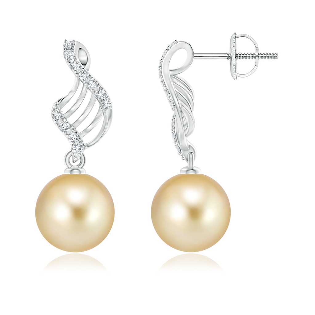 10mm AAAA Golden South Sea Pearl Swirl Dangle Earrings in White Gold