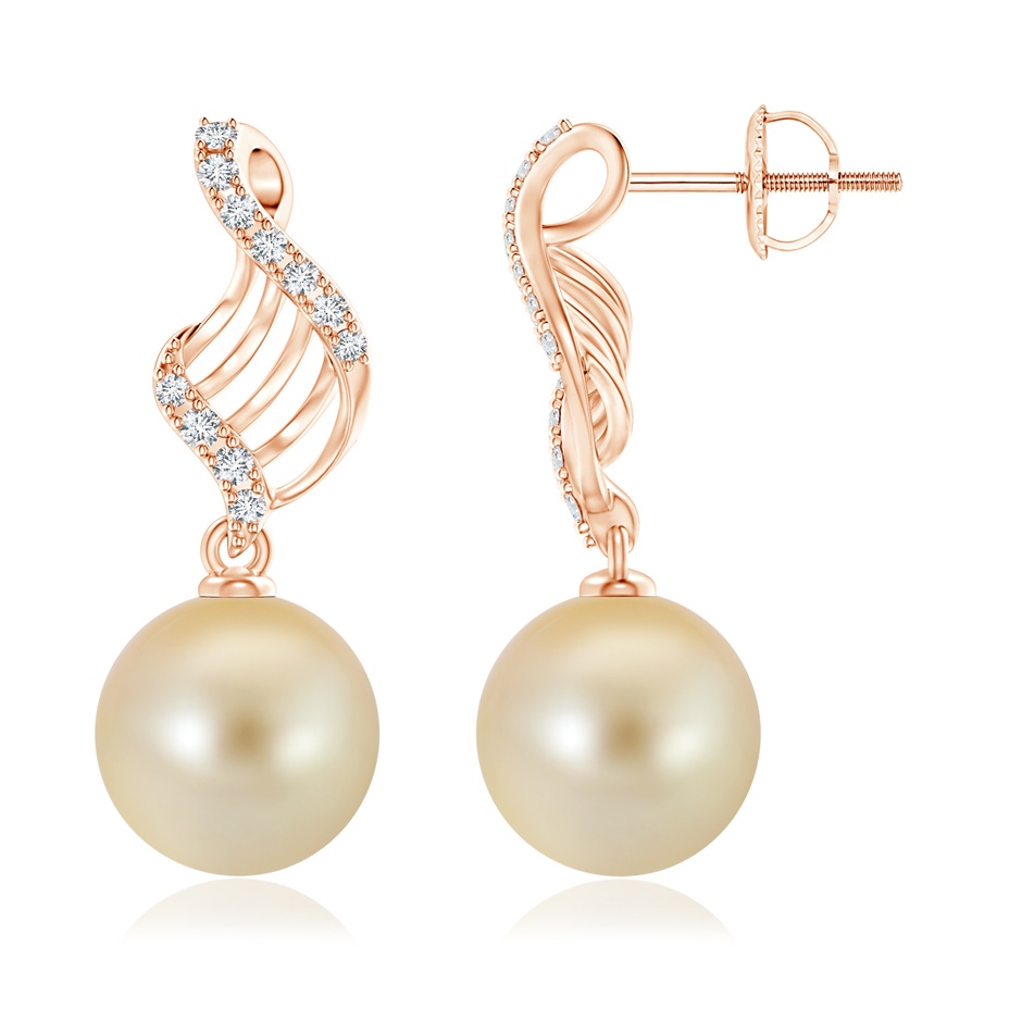 11mm AAA Golden South Sea Pearl Swirl Dangle Earrings in Rose Gold 