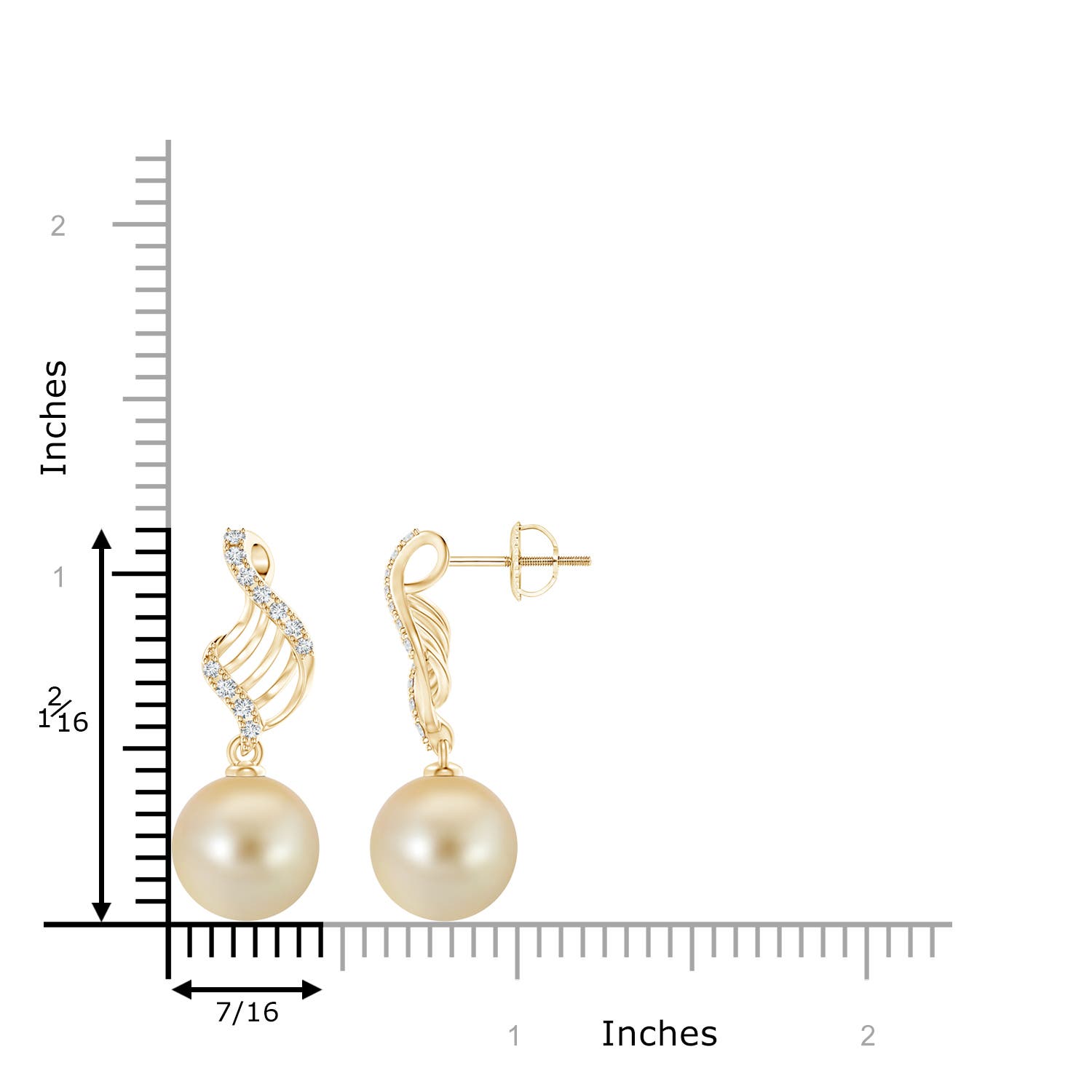 11mm AAA Golden South Sea Pearl Swirl Dangle Earrings in Yellow Gold - ruler