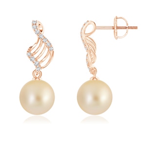 9mm AA Golden South Sea Pearl Swirl Dangle Earrings in 9K Rose Gold