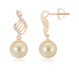 9mm AAA Golden South Sea Pearl Swirl Dangle Earrings in 10K Rose Gold