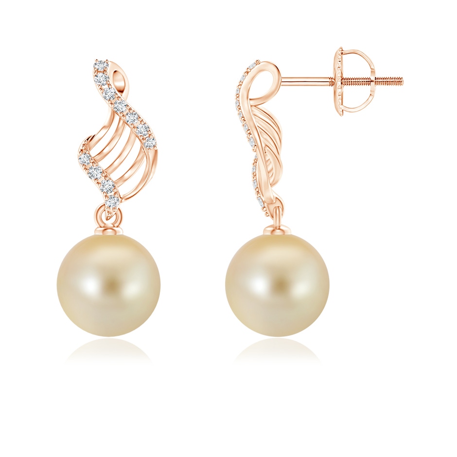 9mm AAA Golden South Sea Pearl Swirl Dangle Earrings in Rose Gold 