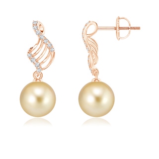 9mm AAAA Golden South Sea Pearl Swirl Dangle Earrings in 9K Rose Gold