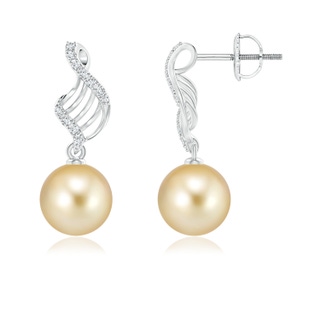 9mm AAAA Golden South Sea Pearl Swirl Dangle Earrings in White Gold