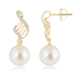 10mm AAAA South Sea Cultured Pearl Swirl Dangle Earrings in Yellow Gold