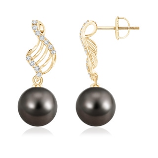 10mm AAA Tahitian Cultured Pearl Swirl Dangle Earrings in Yellow Gold