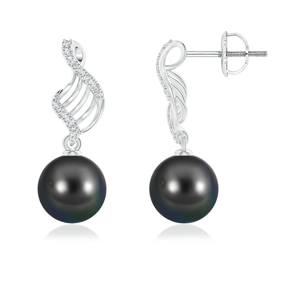 9mm AA Tahitian Cultured Pearl Swirl Dangle Earrings in White Gold