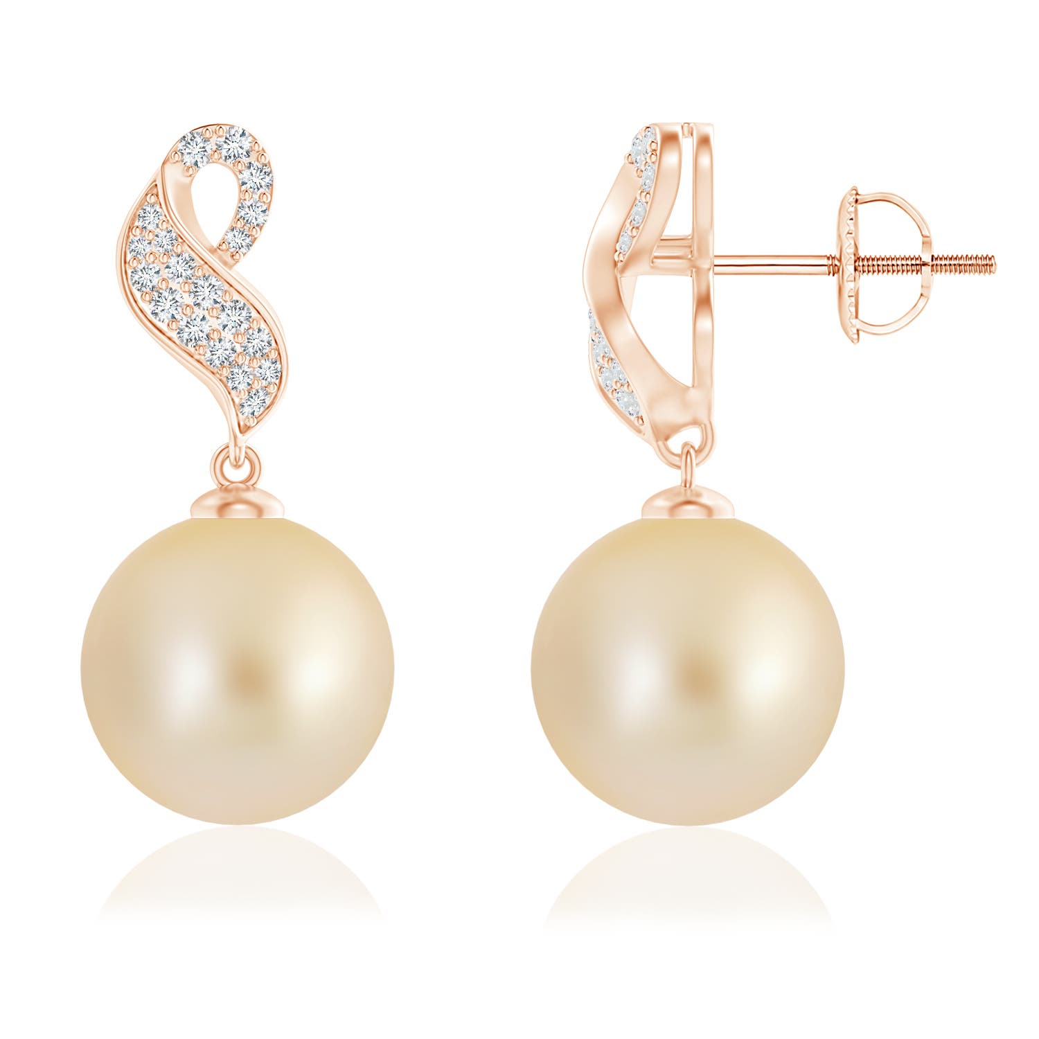 10mm AA Golden South Sea Pearl and Diamond Swirl Earrings in Rose Gold