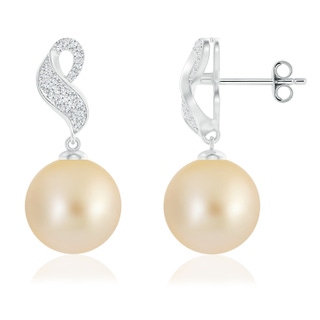 10mm AA Golden South Sea Pearl and Diamond Swirl Earrings in S999 Silver