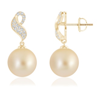 10mm AA Golden South Sea Pearl and Diamond Swirl Earrings in Yellow Gold