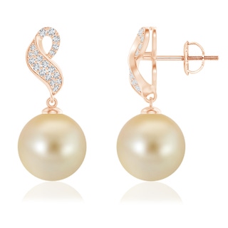 10mm AAA Golden South Sea Pearl and Diamond Swirl Earrings in Rose Gold