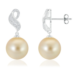 10mm AAA Golden South Sea Pearl and Diamond Swirl Earrings in S999 Silver