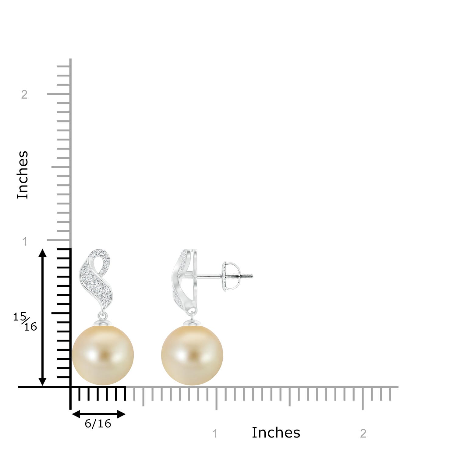 10mm AAA Golden South Sea Pearl and Diamond Swirl Earrings in White Gold - ruler