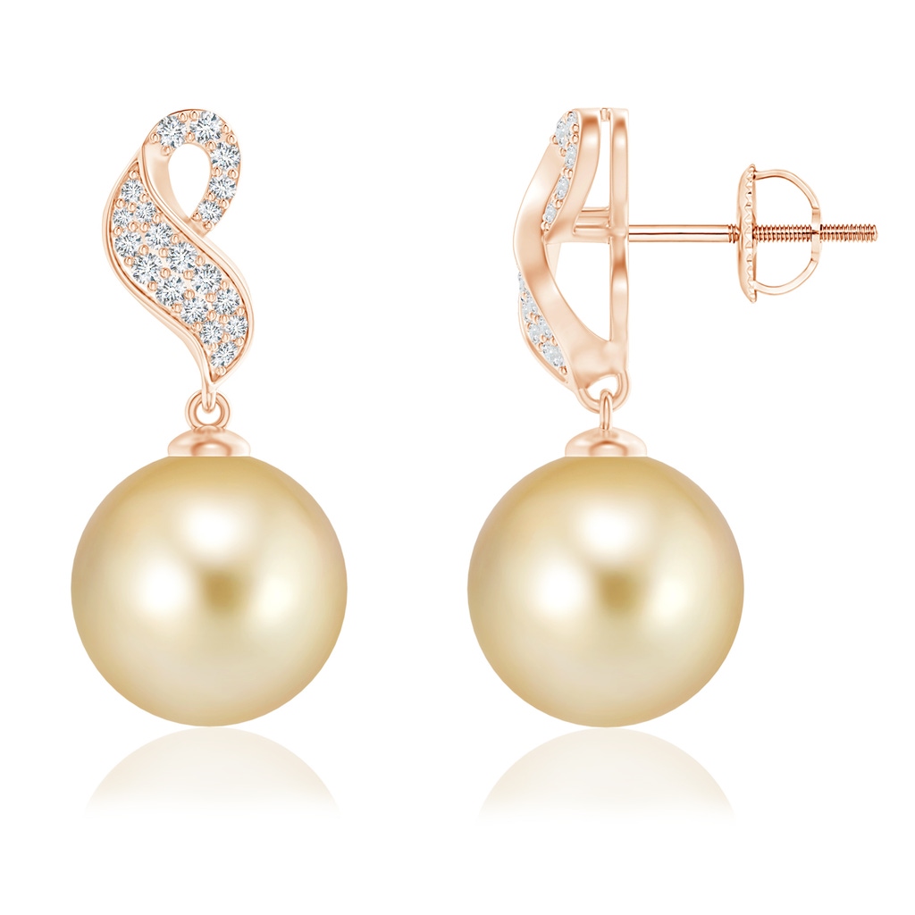 10mm AAAA Golden South Sea Pearl and Diamond Swirl Earrings in Rose Gold