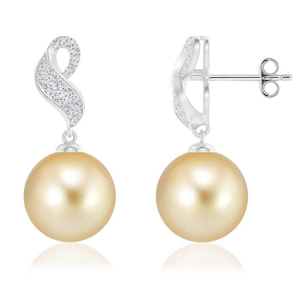10mm AAAA Golden South Sea Pearl and Diamond Swirl Earrings in S999 Silver