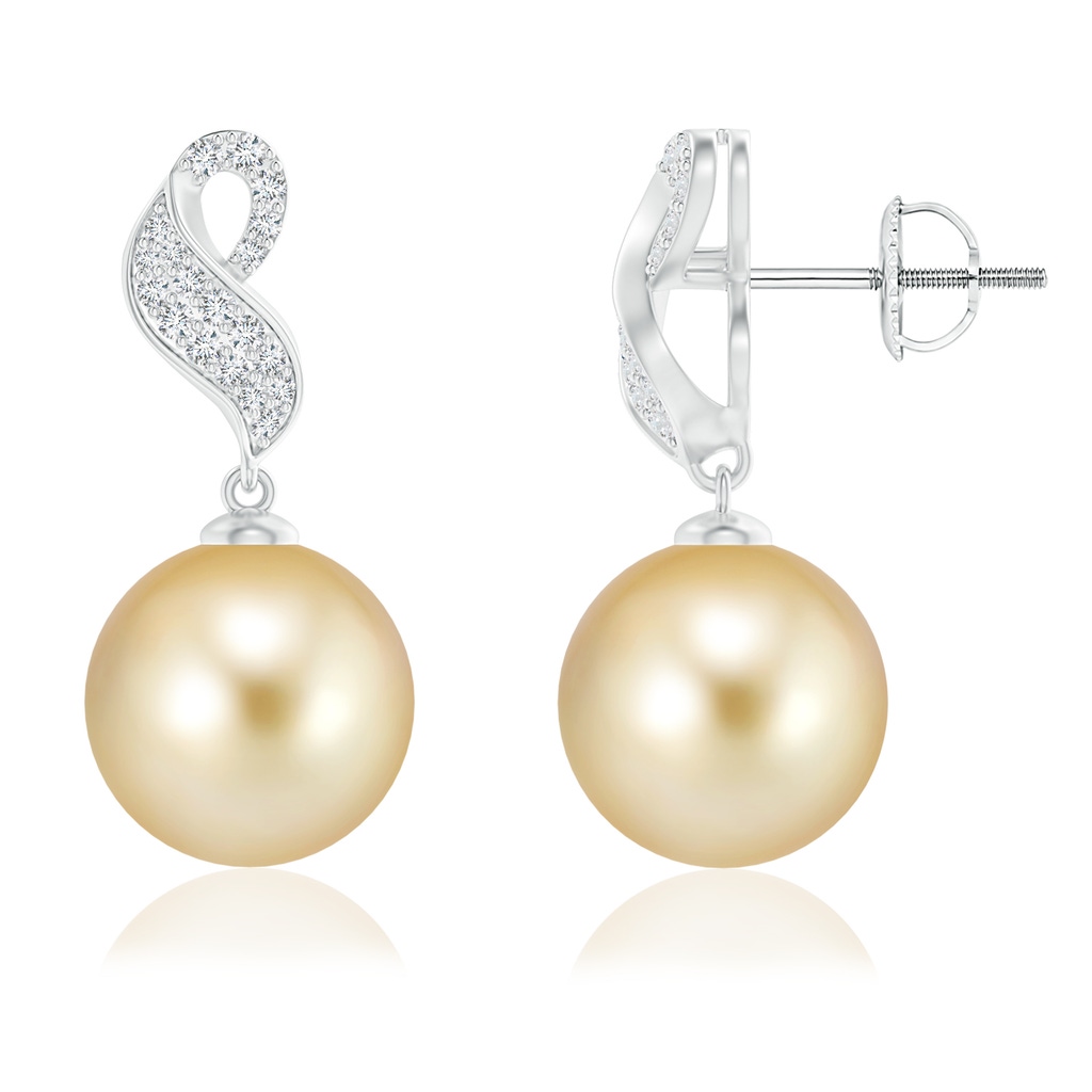 10mm AAAA Golden South Sea Pearl and Diamond Swirl Earrings in White Gold