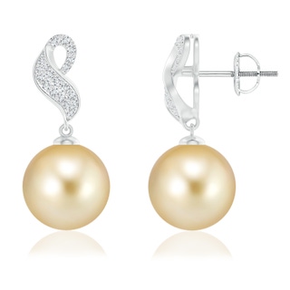 10mm AAAA Golden South Sea Pearl and Diamond Swirl Earrings in White Gold