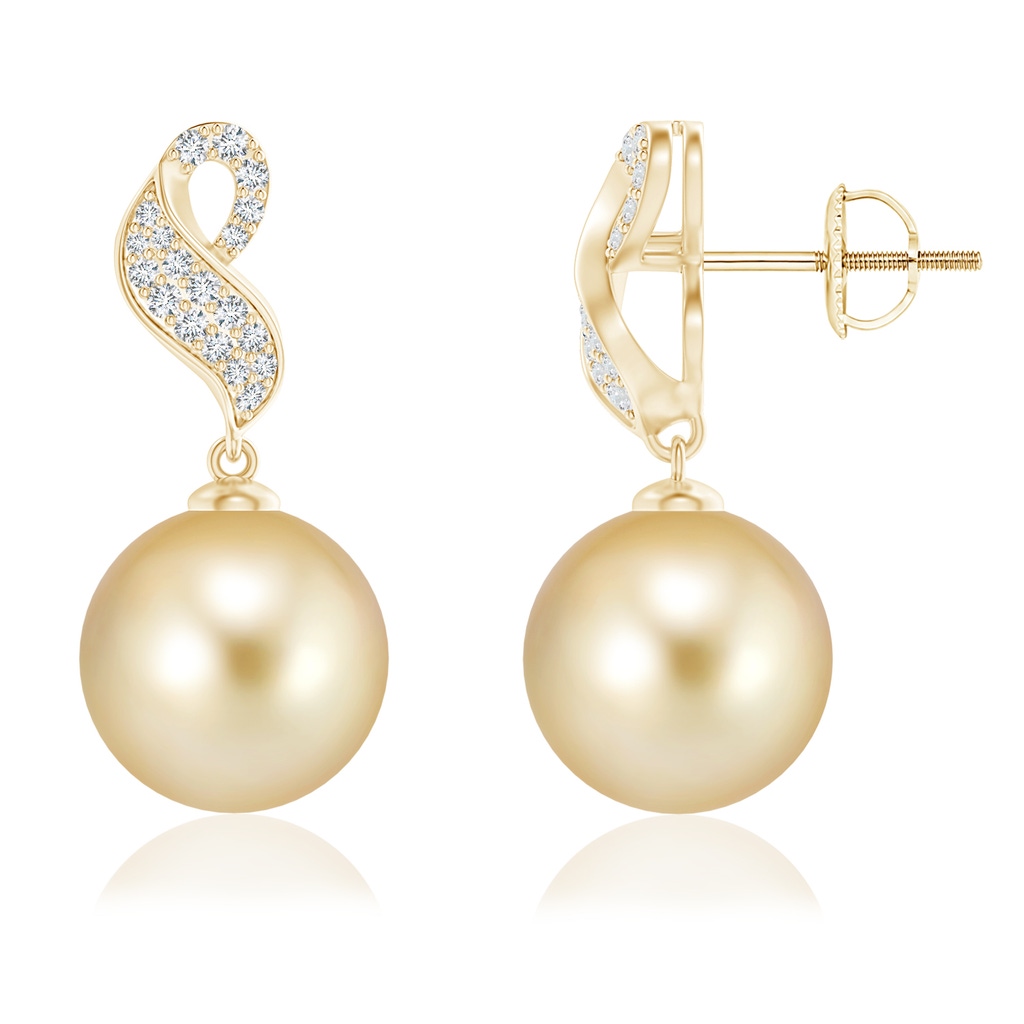 10mm AAAA Golden South Sea Pearl and Diamond Swirl Earrings in Yellow Gold 