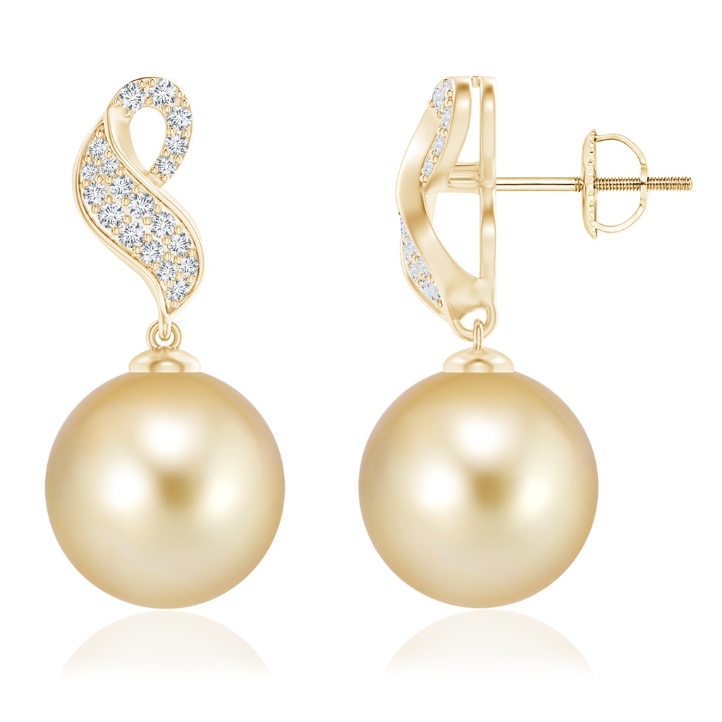 11mm AAAA Golden South Sea Pearl and Diamond Swirl Earrings in Yellow Gold 