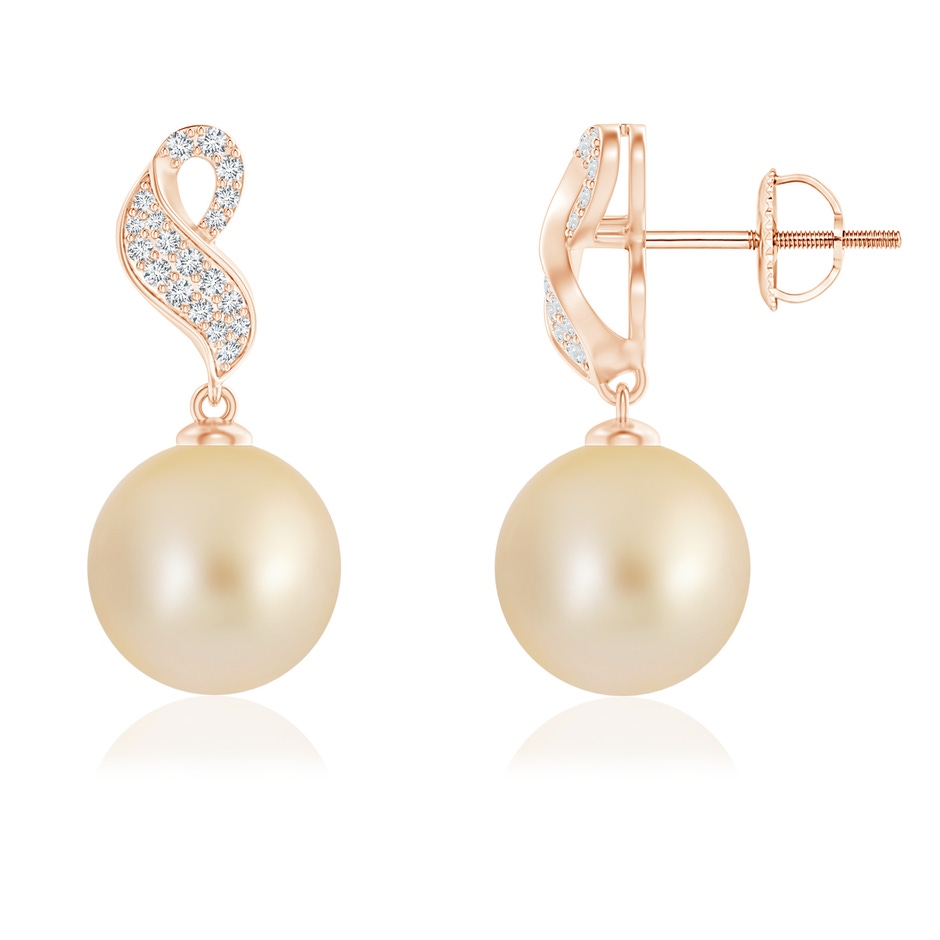 9mm AA Golden South Sea Pearl and Diamond Swirl Earrings in 9K Rose Gold 